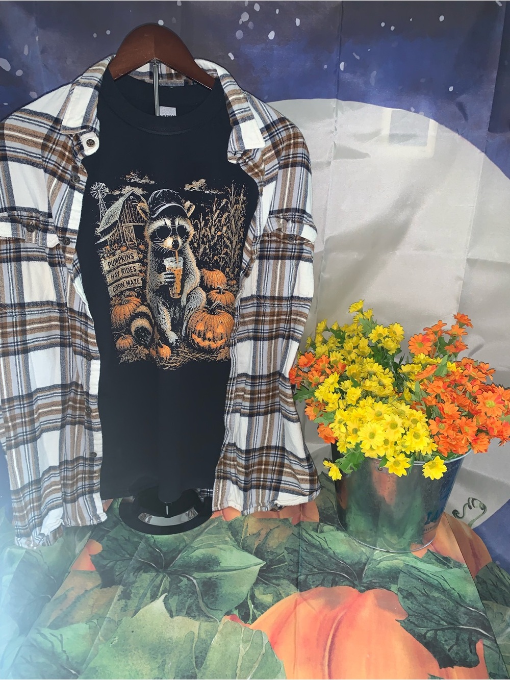 Black Graphic Racoon Halloween T-Shirt with Plaid Shirt
